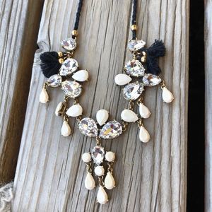 J Crew Chunky Crystal Black Tassel Creme Beads, Clear Crystal Waterfall Necklace